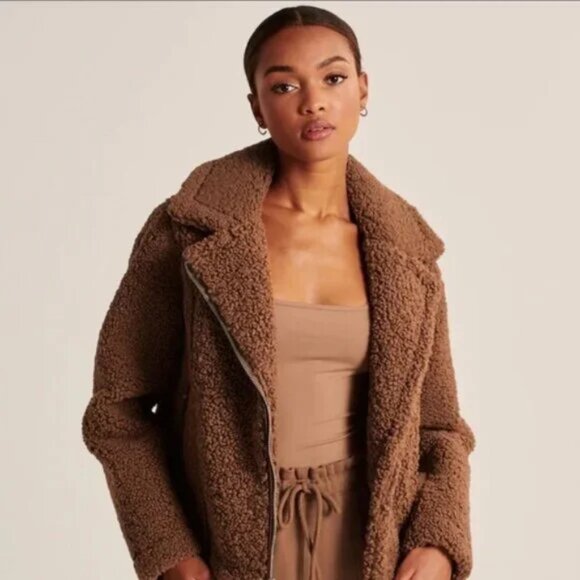 Abercrombie & Fitch Tan Sherpa Motorcycle Jacket Size S - Picture 3 of 15